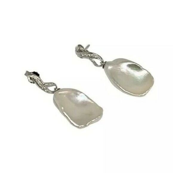 Diamond Large Fresh Water Pearl Earrings Baroque 14k Gold Certified $1950 914369 - Picture 3 of 9